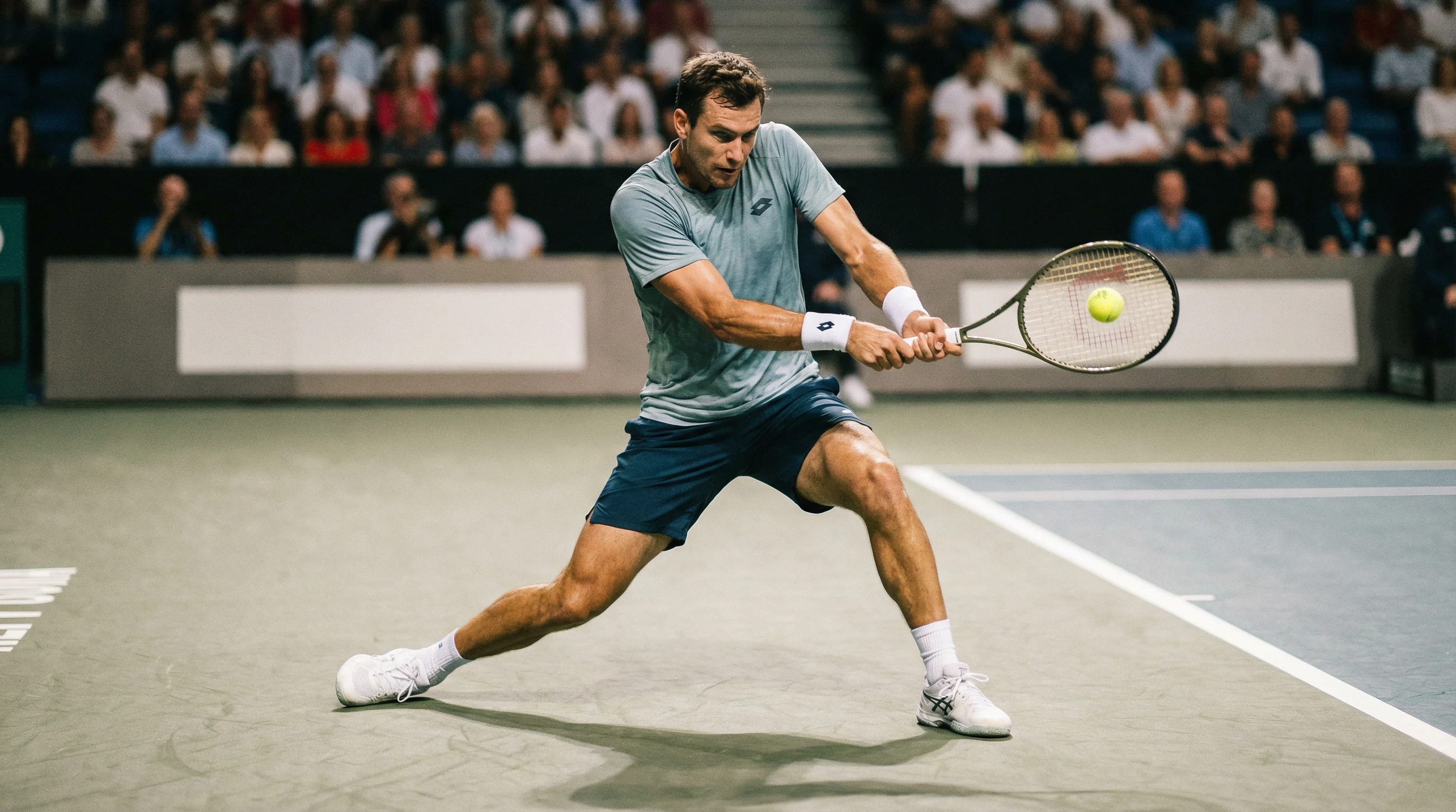 Tennisspieler spielt eine Rückhand auf einem Indoor-Hartplatz bei einem Masters-Turnier