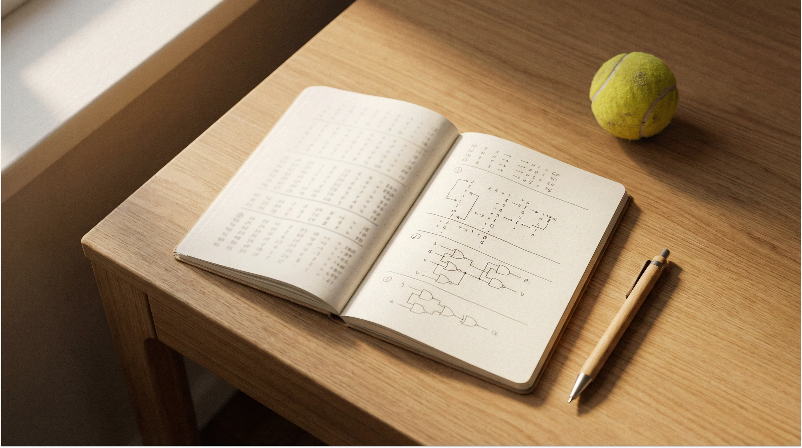 Aufgeschlagenes Notizbuch mit handschriftlichen Zahlenreihen neben einem Tennisball auf einem Schreibtisch