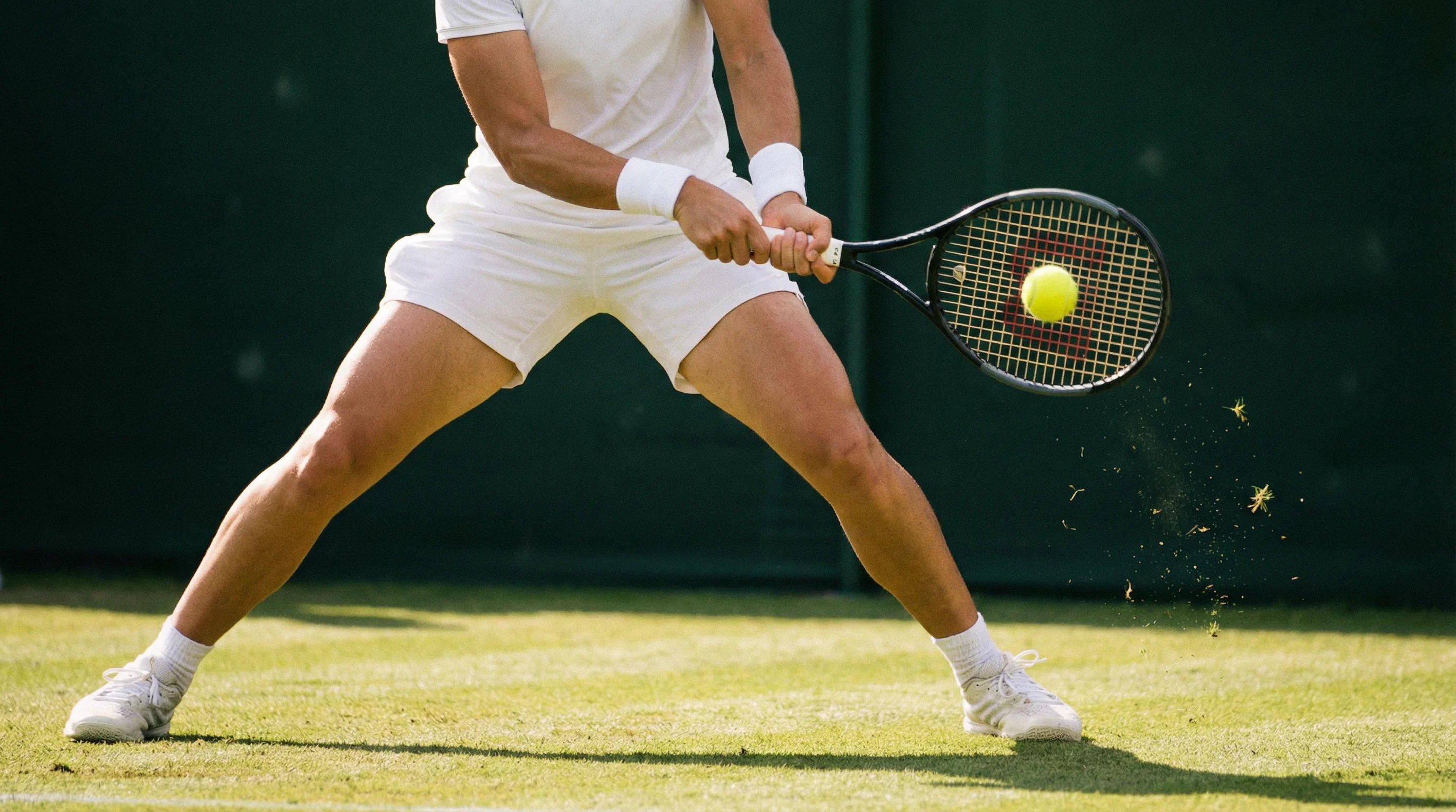 Tennisspieler beim Rückhand-Schlag auf einem Rasenplatz im klaren Tageslicht