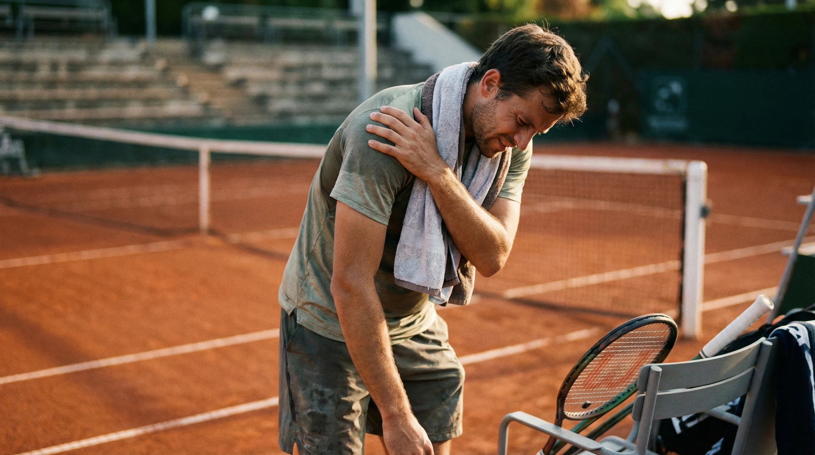 Tennisspieler dehnt seine Schulter am Spielfeldrand vor einem Training auf Sand