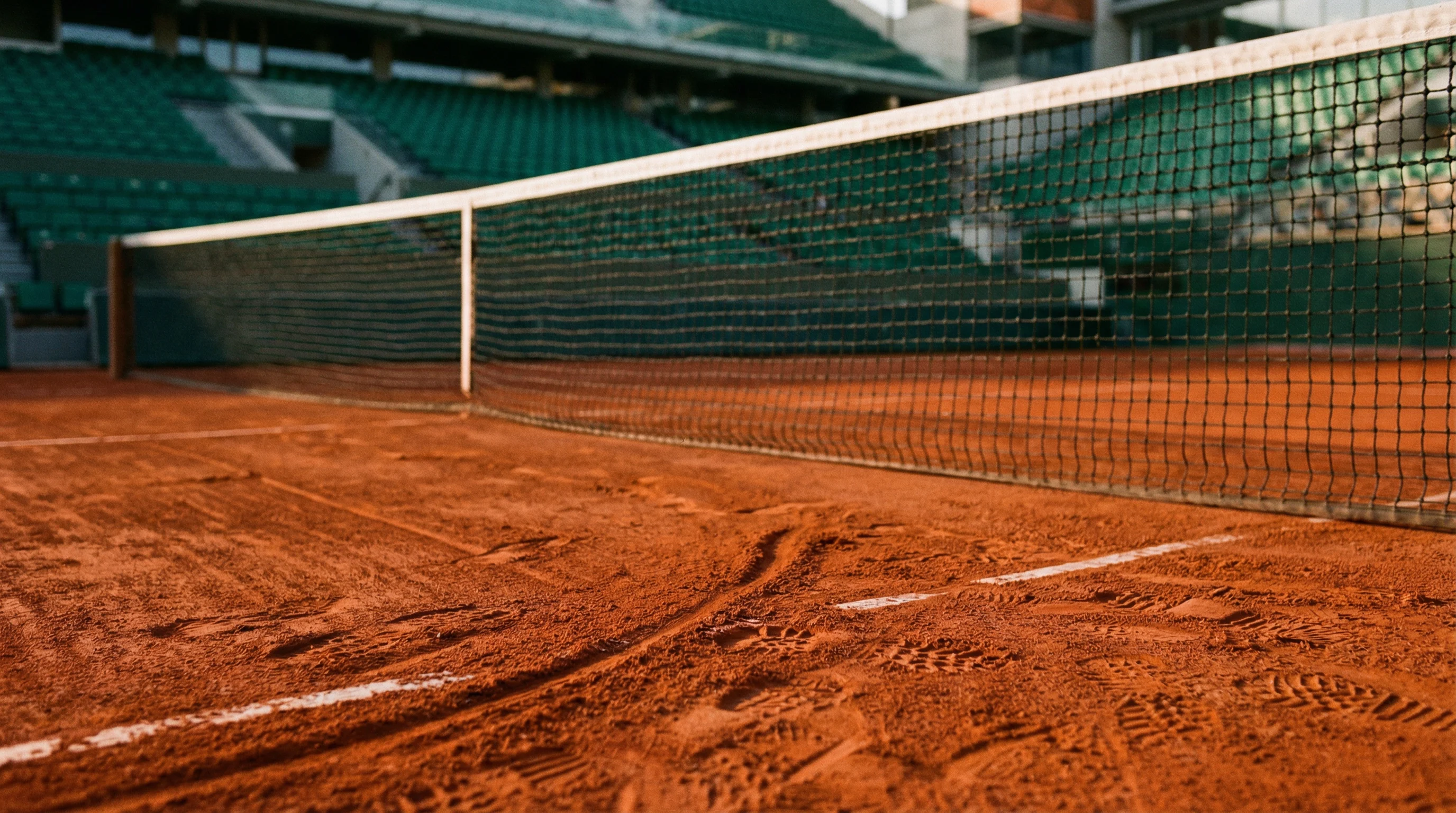 Roter Sandplatz von Roland Garros mit sichtbaren Rutschspuren und dem Netz im Hintergrund