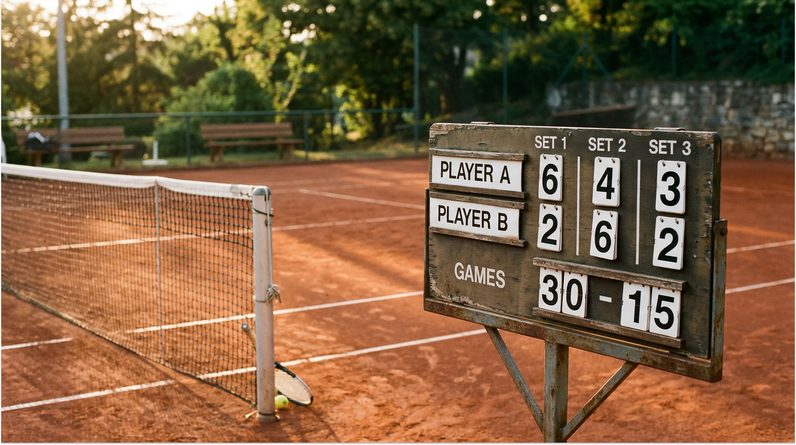 Tennisplatz-Anzeigetafel mit Spielstand bei einem professionellen Match
