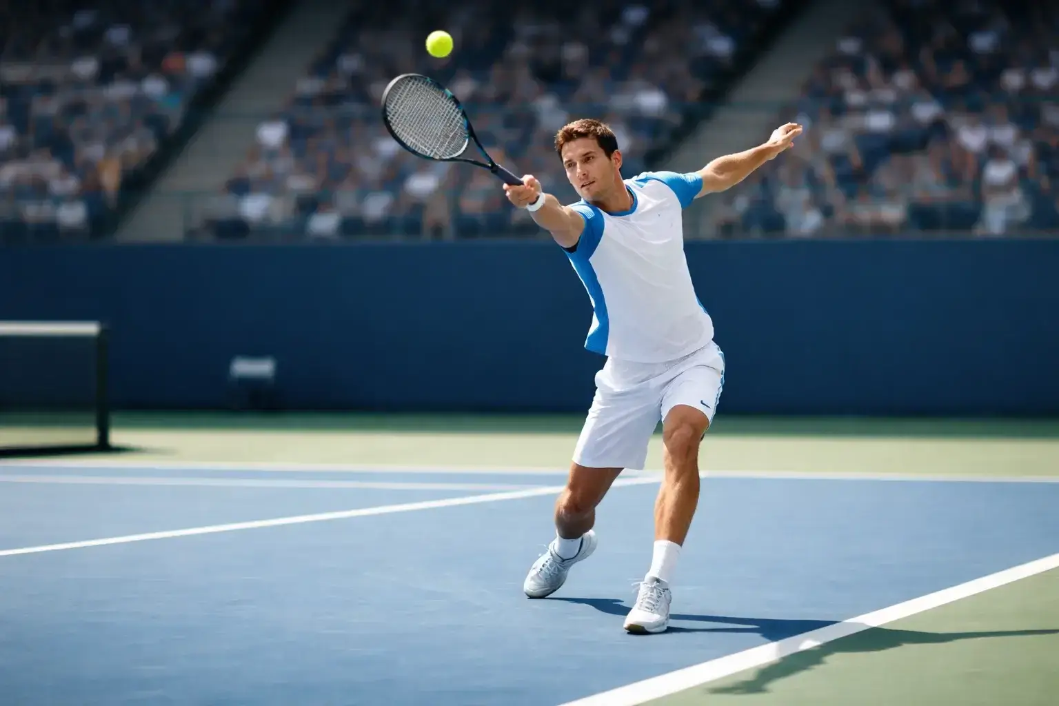 Tennisspieler bei kraftvollem Aufschlag auf professionellem Hartplatz