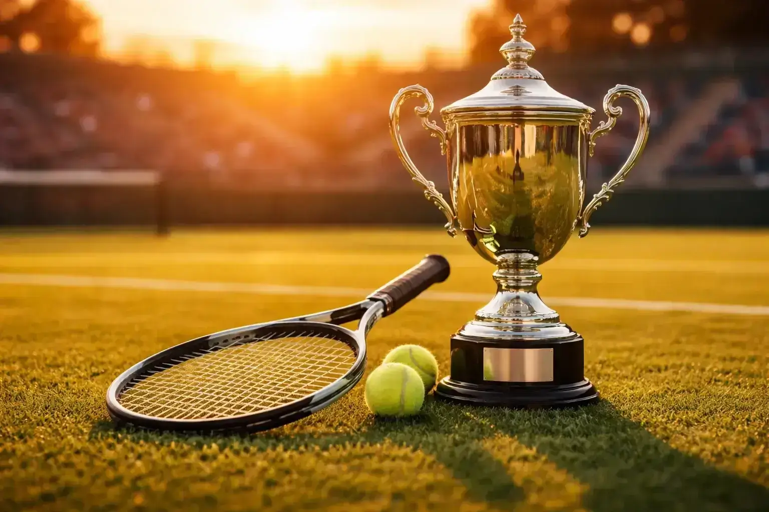 Pokal und Tennisschläger auf Rasenplatz bei Sonnenuntergang