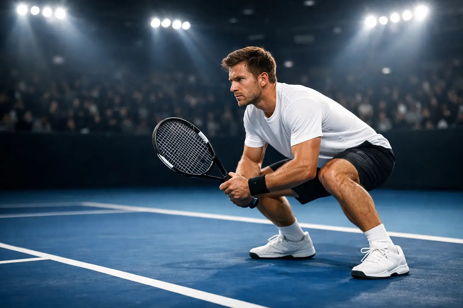 Tennisspieler konzentriert vor Return auf beleuchteter Halle