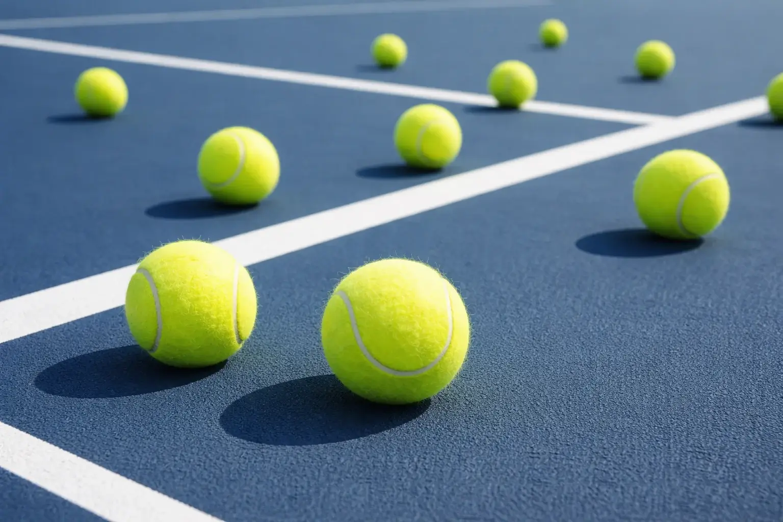 Mehrere Tennisbälle auf blauem Hartplatz