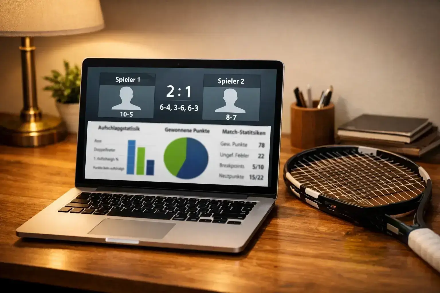 Laptop mit Statistiken neben Tennisschläger auf Tisch