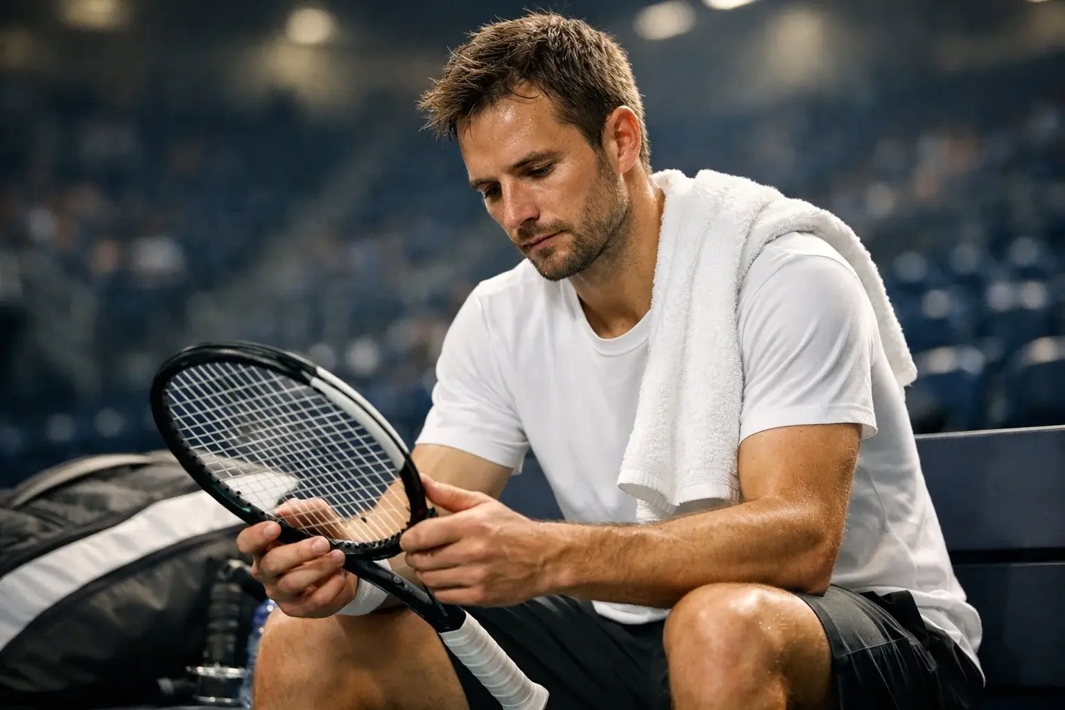 Tennisspieler wechselt Schläger während Satzpause