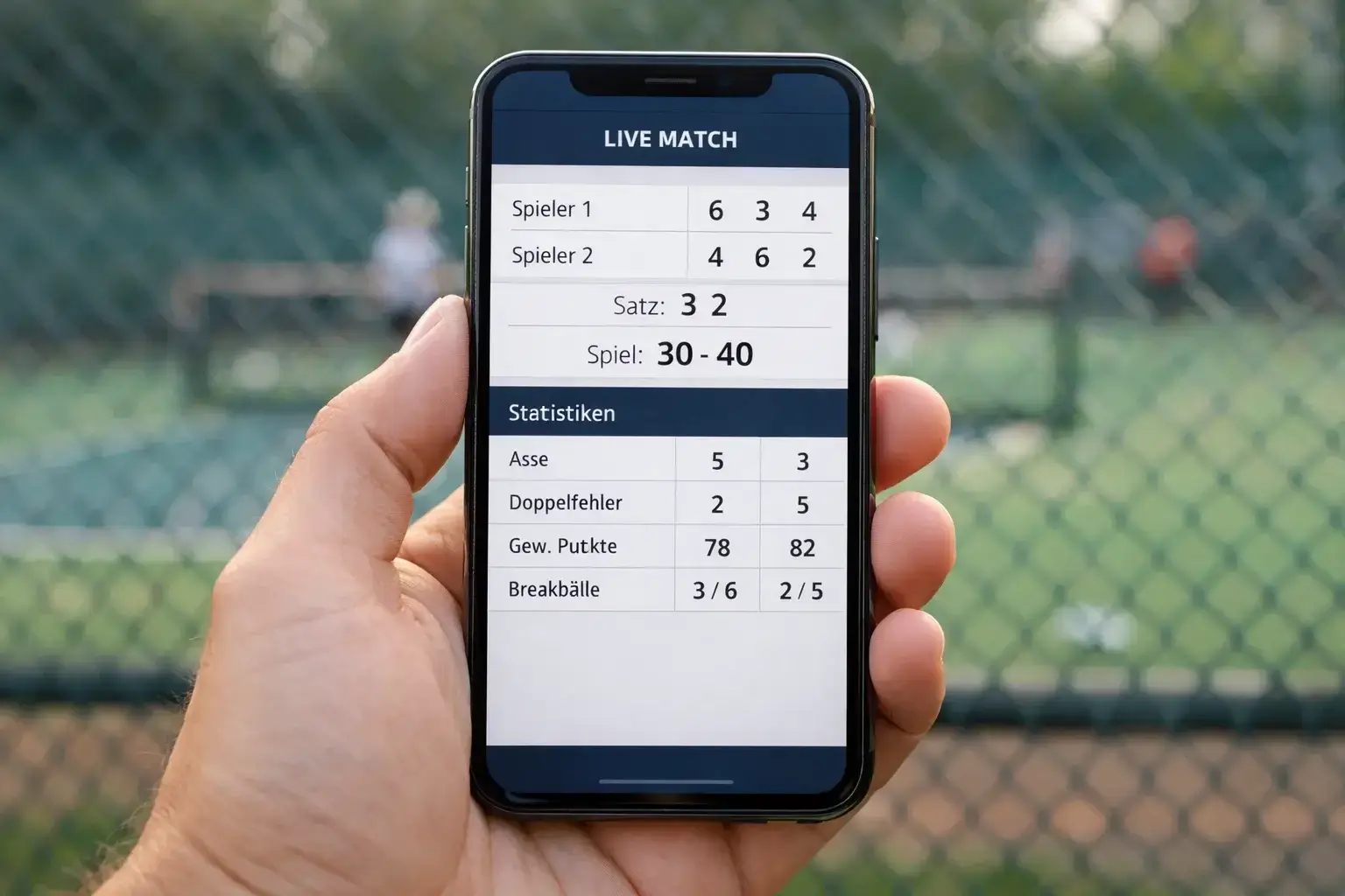 Smartphone zeigt Tennis-Spielstand neben Tennisplatz