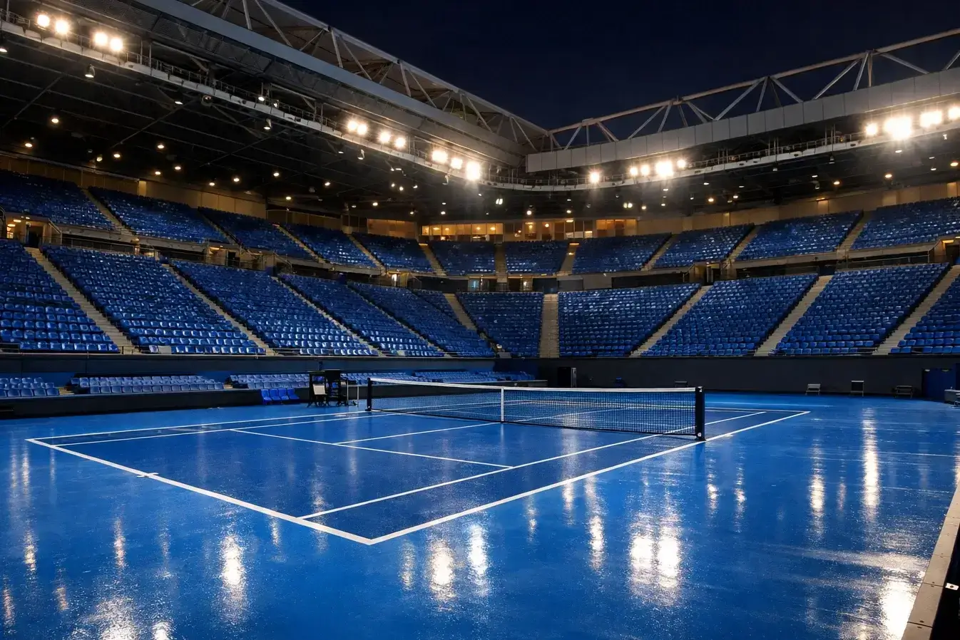 Rod Laver Arena Melbourne bei Nacht mit blauem Hartplatz