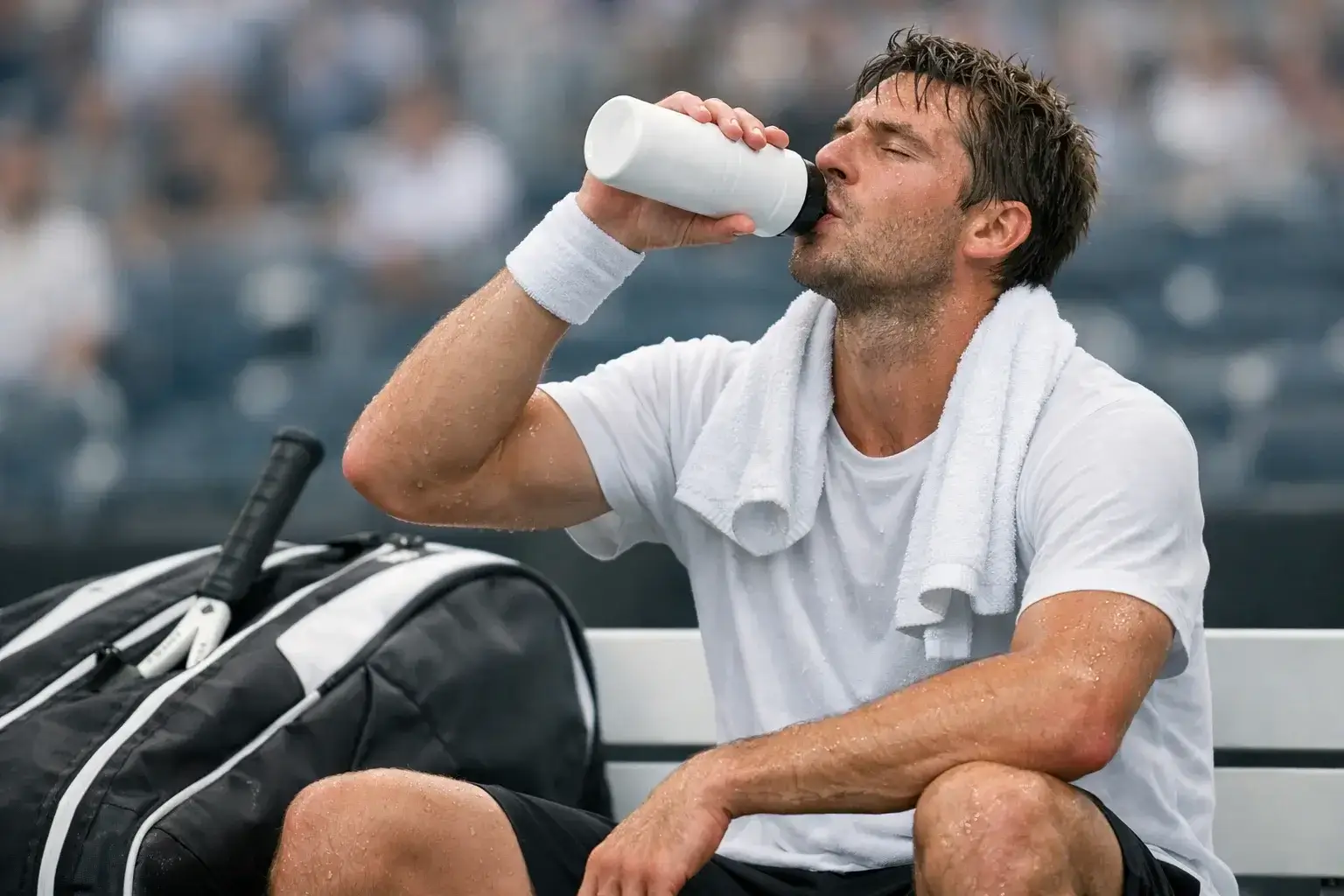 Erschöpfter Tennisspieler trinkt Wasser während Satzpause