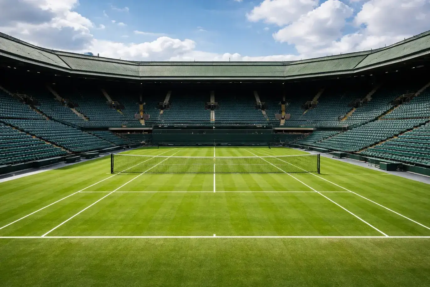 Centre Court bei Wimbledon mit grünem Rasen und Tribünen