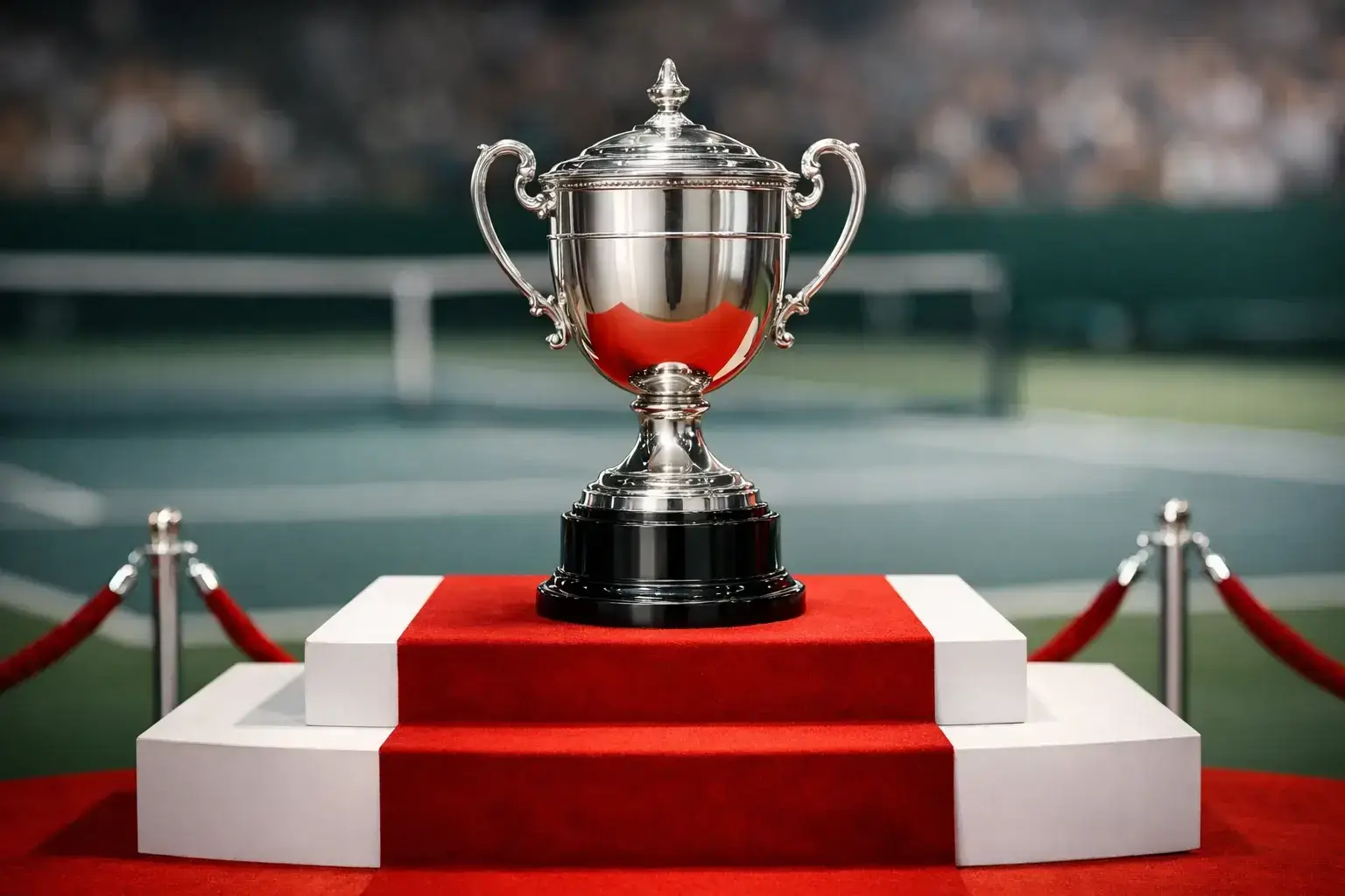 Grand Slam Trophäe auf Podest mit Tennisplatz im Hintergrund