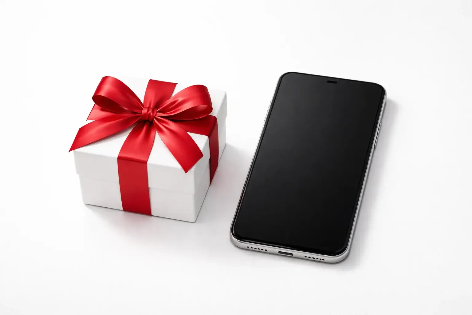 Geschenkbox mit roter Schleife neben Smartphone