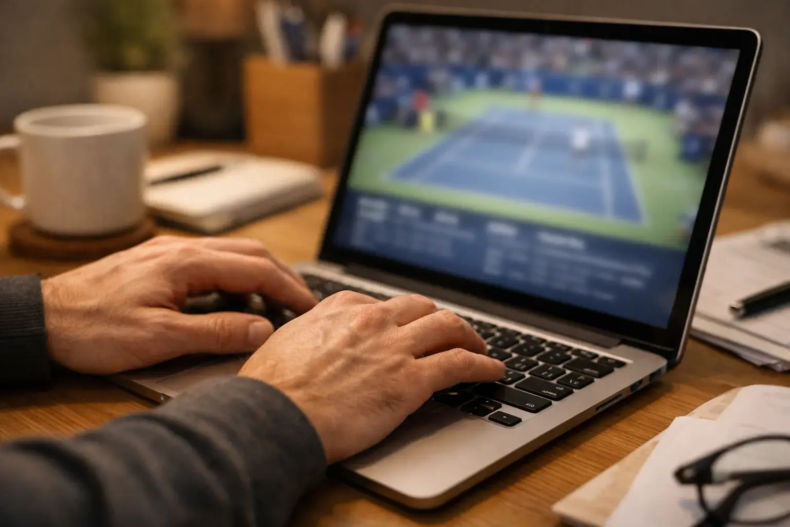 Hand tippt auf Laptop-Tastatur mit Tennismatch im Hintergrund