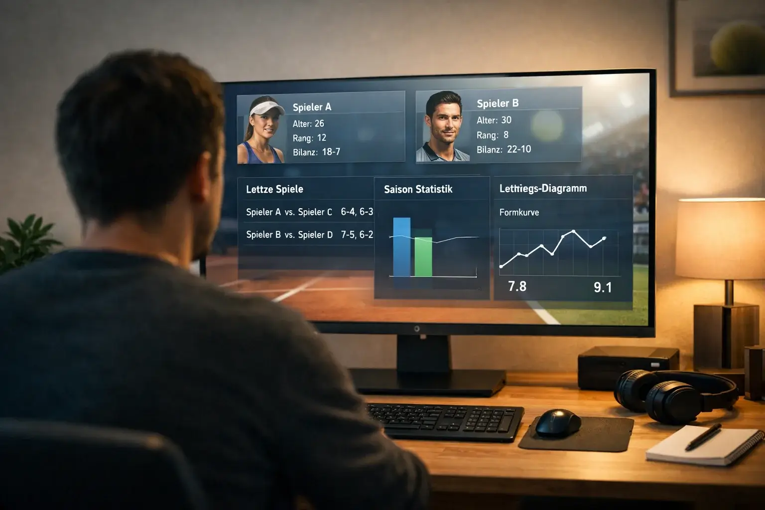 Person analysiert Tennisstatistiken auf modernem Bildschirm