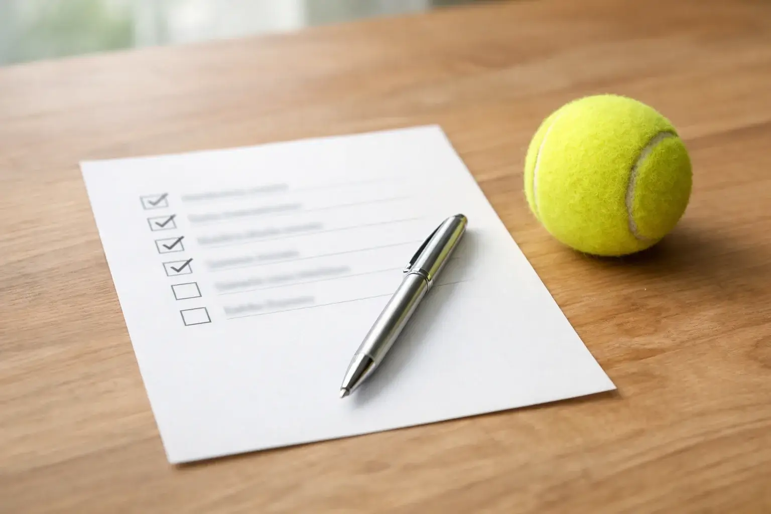 Checkliste mit Stift auf Holztisch neben Tennisball