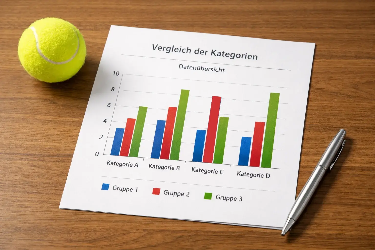Diagramm mit Quotenvergleich auf Papier neben Tennisball