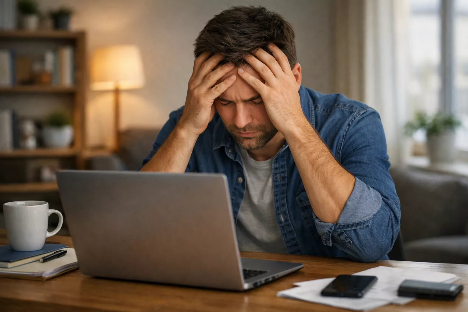 Person hält Kopf mit geschlossenen Augen vor Laptop