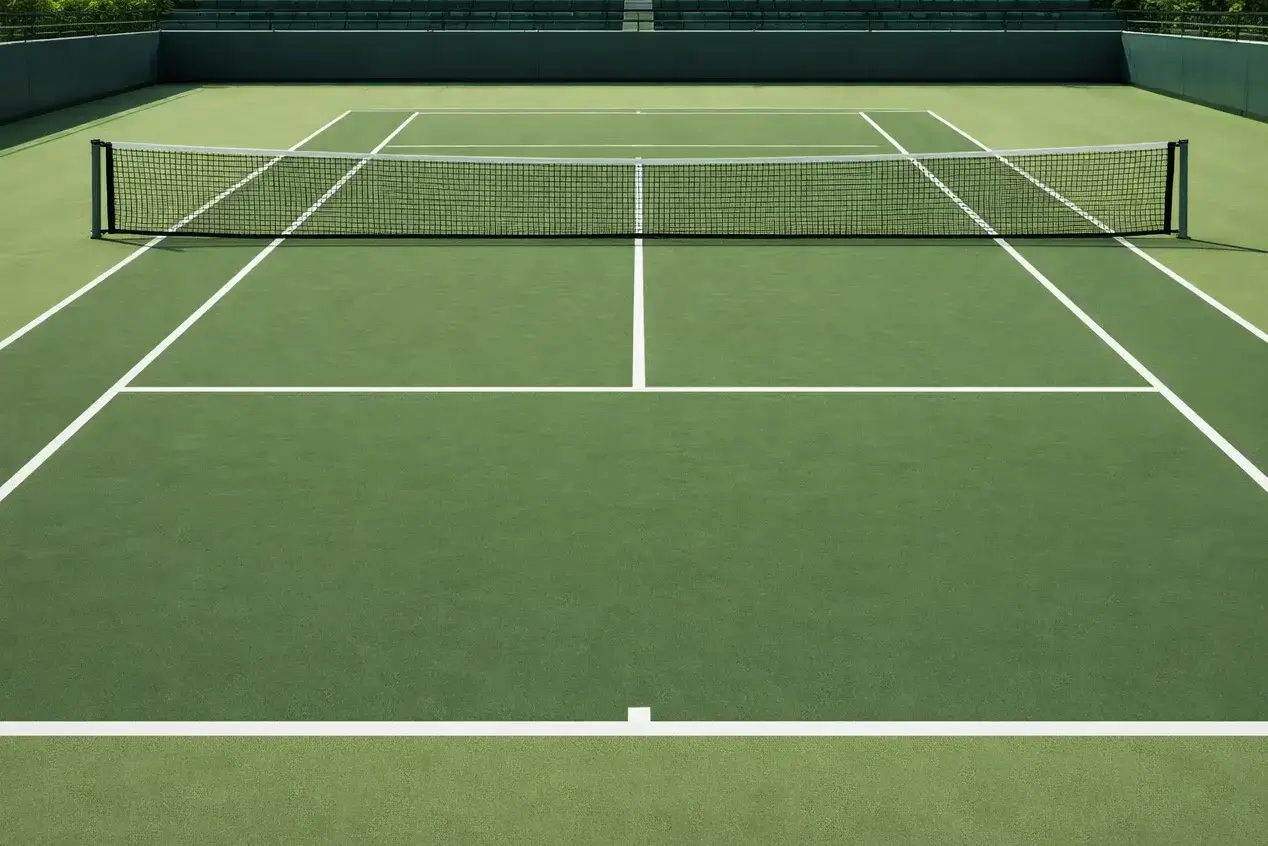 Tennisplatz mit sichtbaren Linien und Netz aus Seitenperspektive