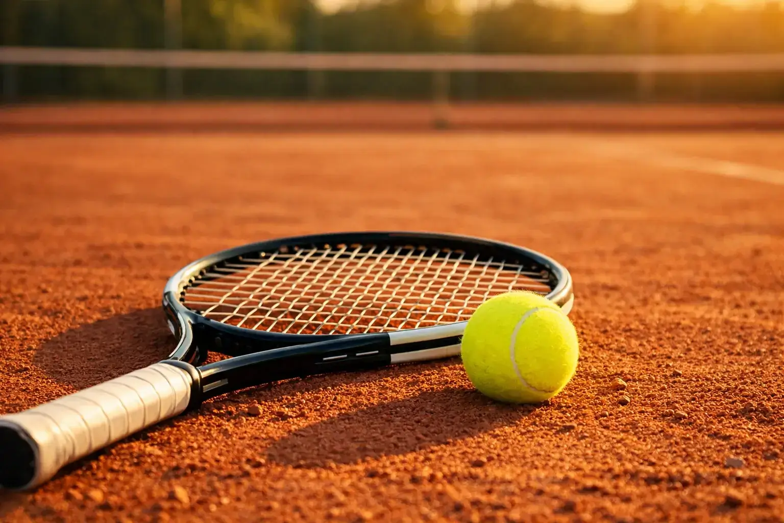 Tennisschläger und Ball auf sonnigem Sandplatz für Anfänger