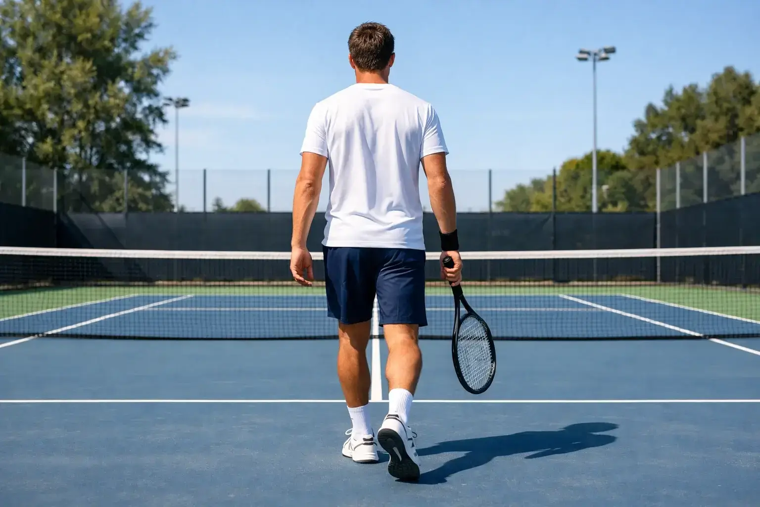 Tennisspieler läuft zum Netz auf sonnigem Platz
