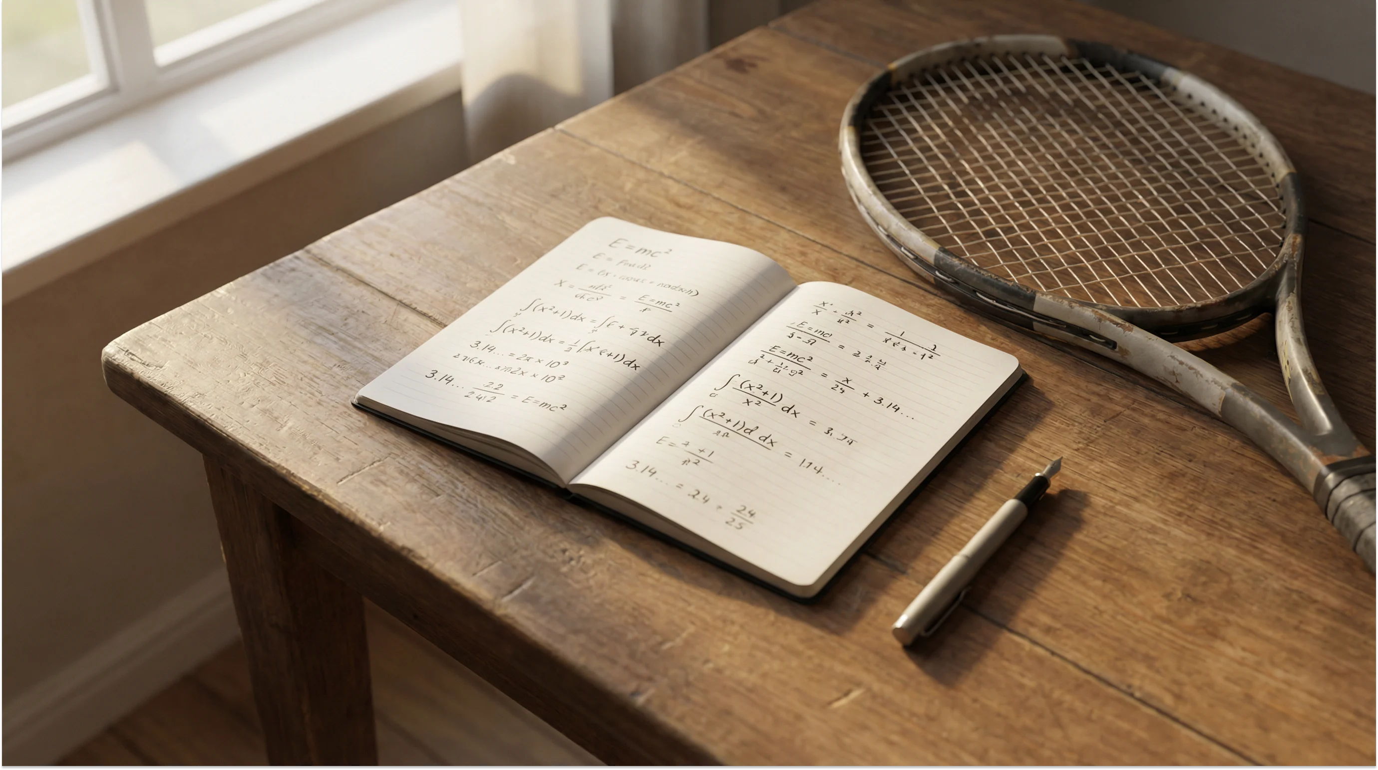 Person notiert Berechnungen in einem Notizbuch neben einem Tennisschläger auf einem Tisch