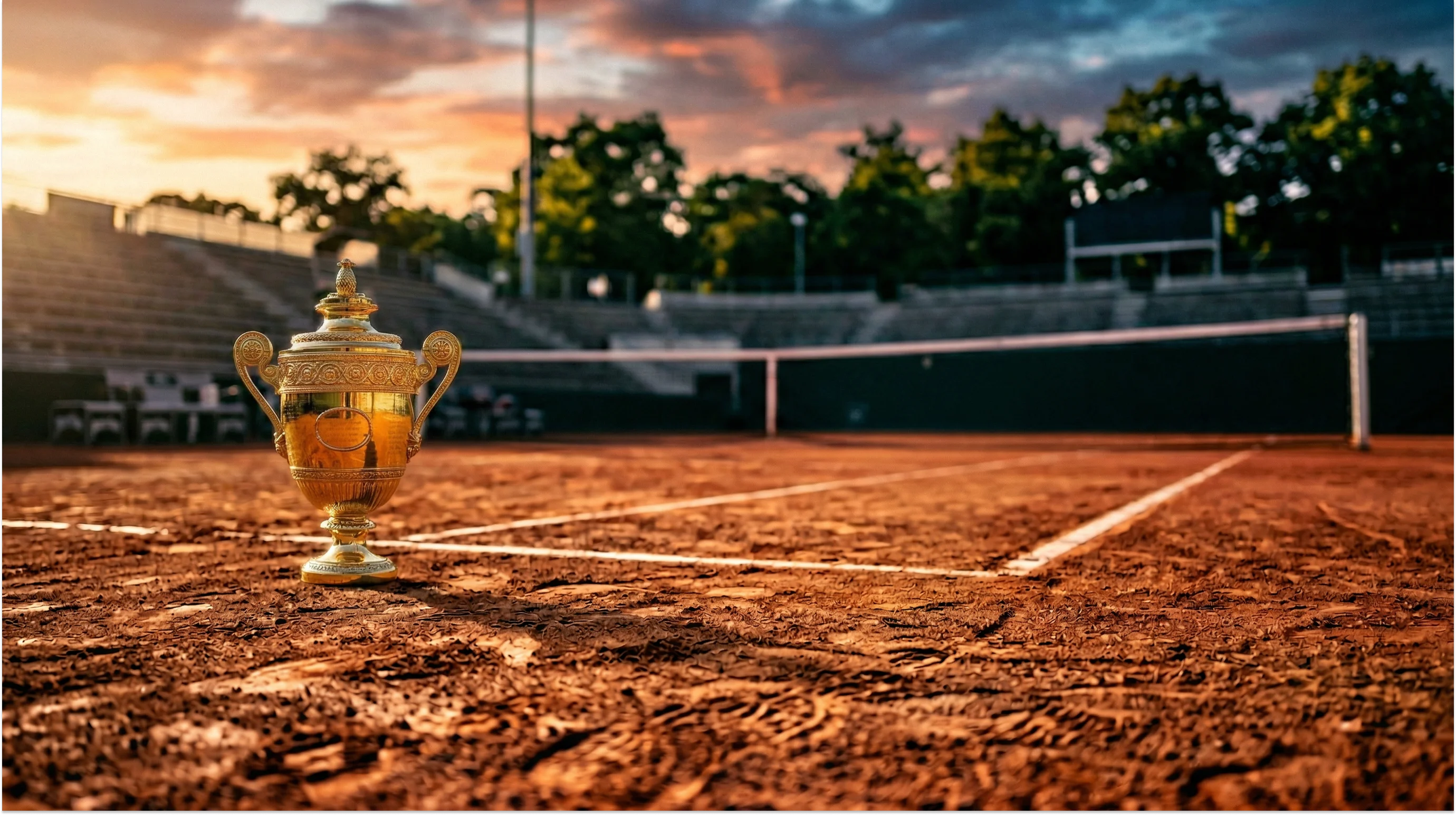 Tennispokal auf einem Sandplatz im warmen Abendlicht bei einem Turnierereignis