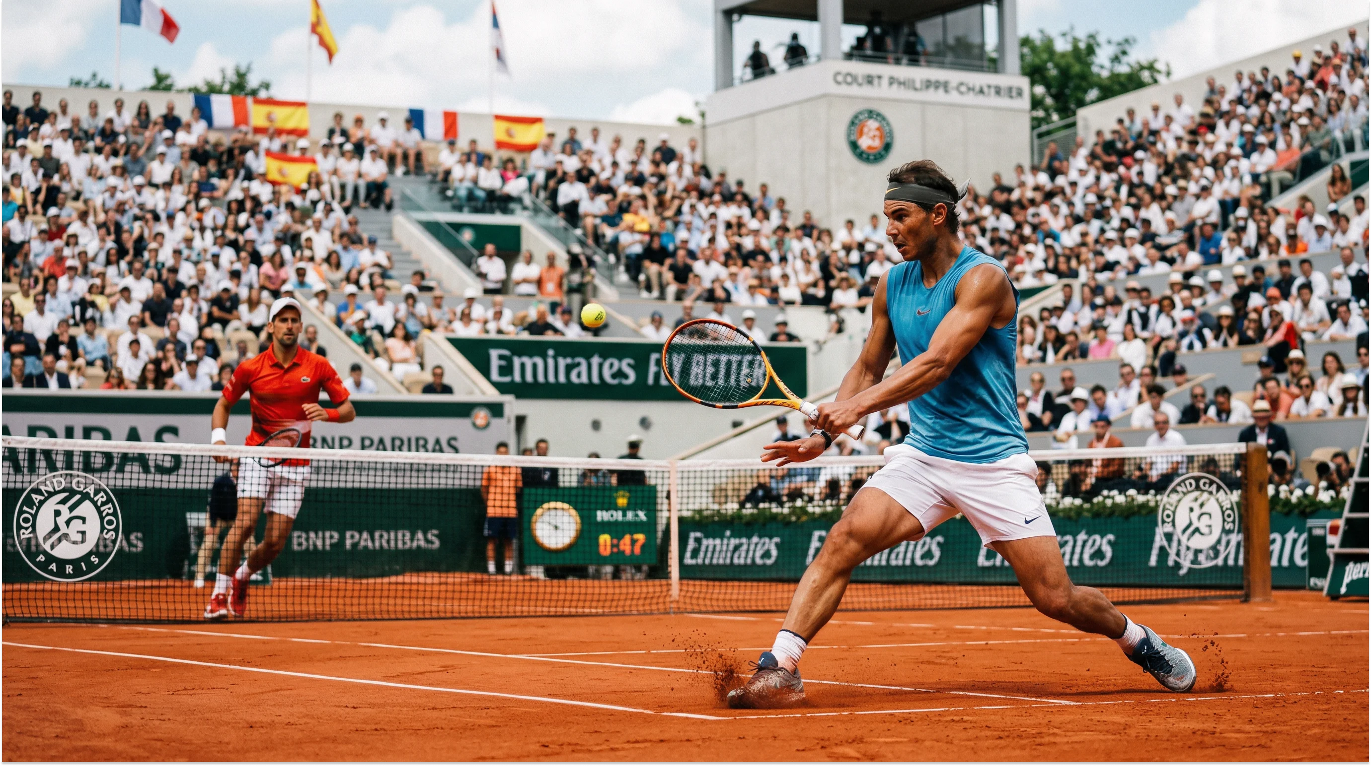 Zwei Tennisspieler in einem langen Ballwechsel auf einem Sandplatz bei Tageslicht