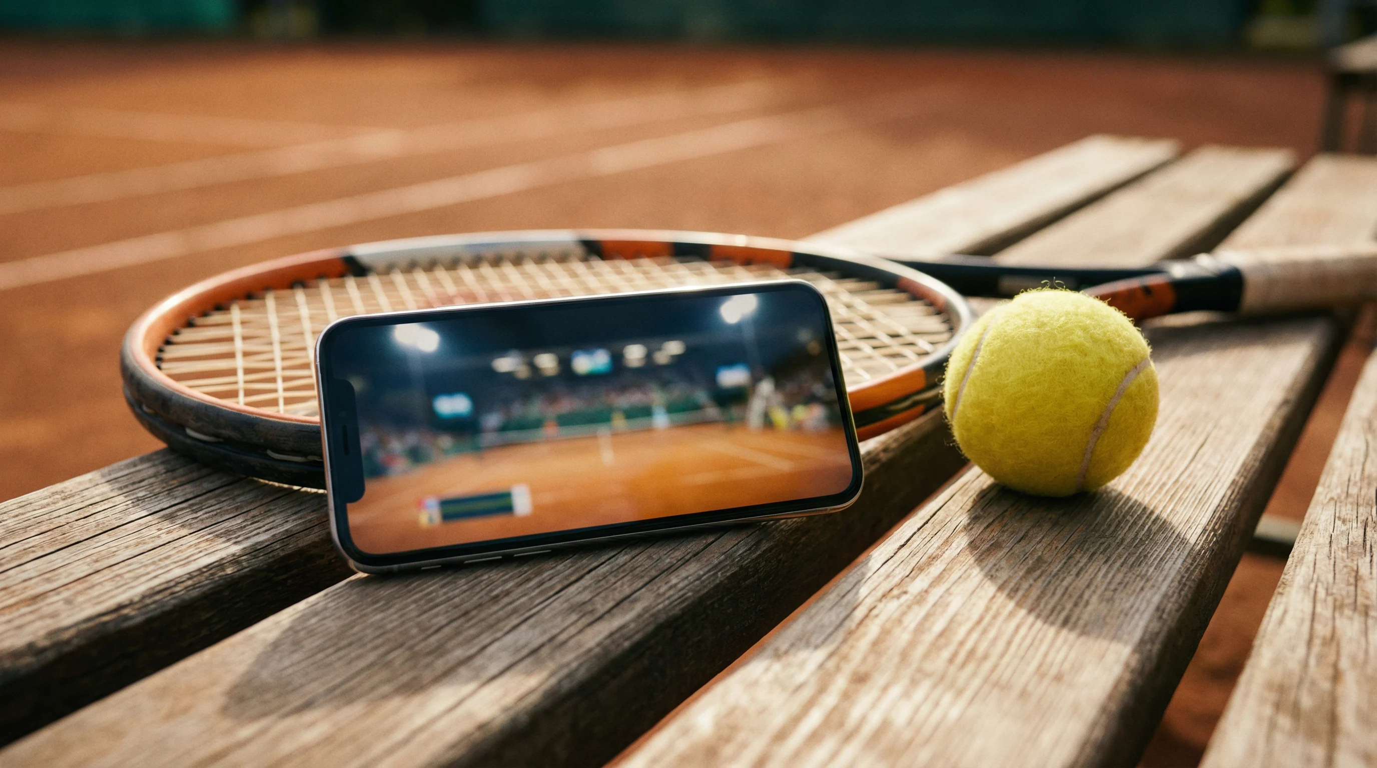 Smartphone zeigt ein laufendes Tennismatch neben einem Tennisschläger auf einer Bank