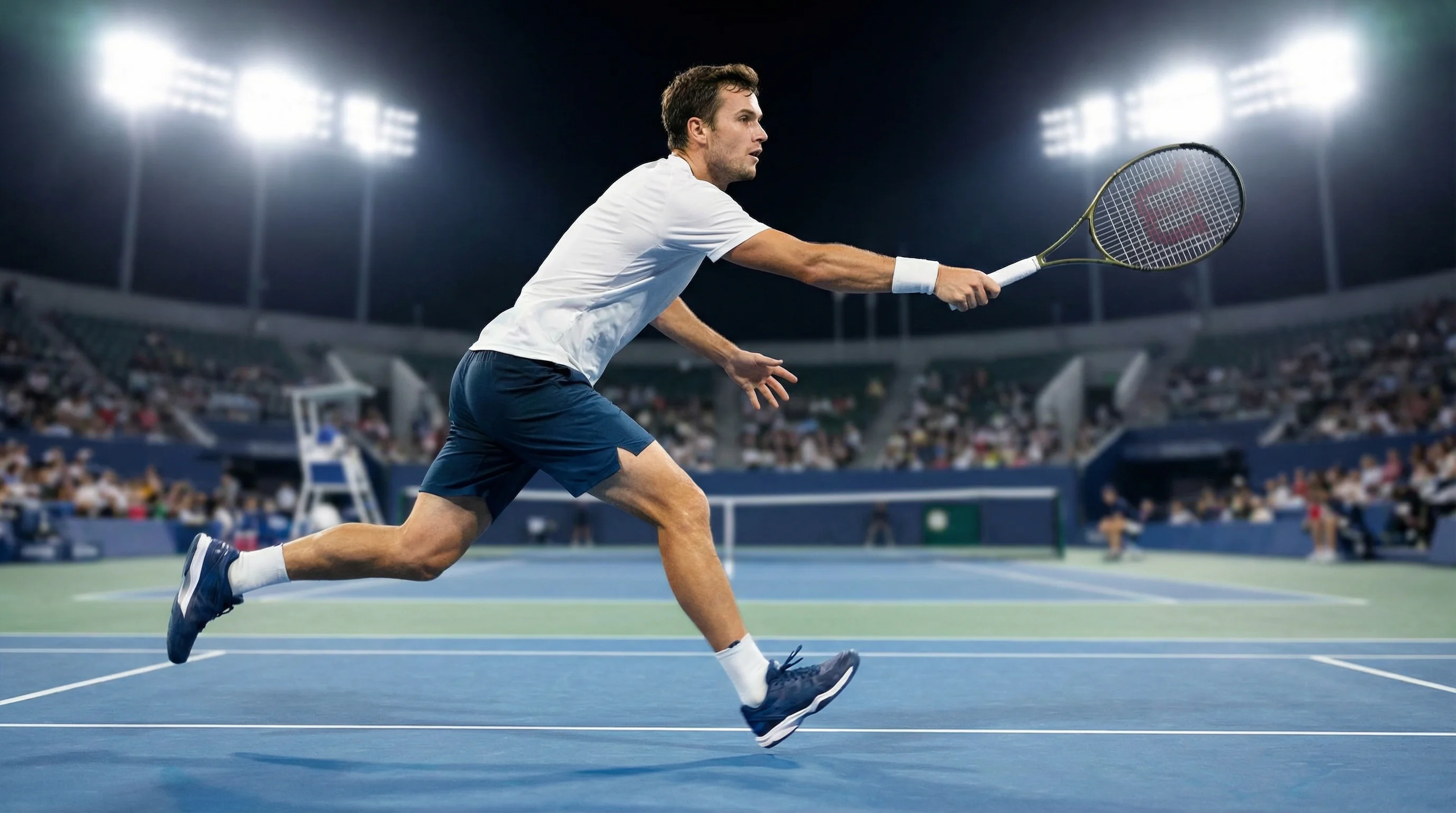 Tennisspieler in dynamischer Bewegung auf einem Hartplatz während eines laufenden Matches