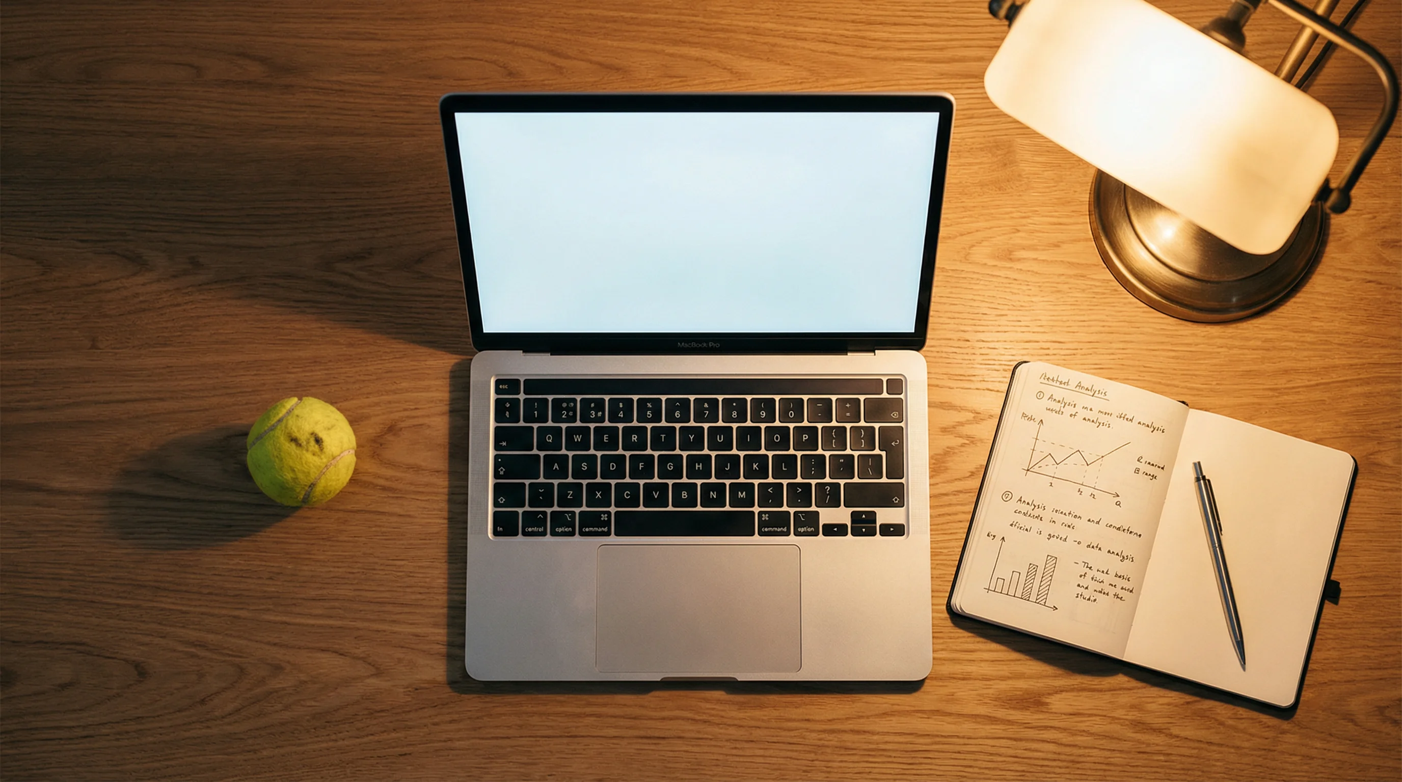 Aufgeklappter Laptop auf einem Schreibtisch neben einem Tennisball im warmen Lampenlicht