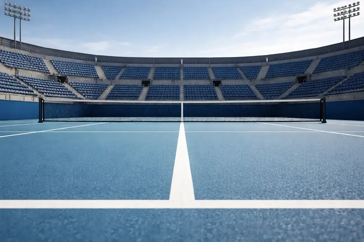 Nahaufnahme eines Tennisplatzes mit Linien und Netz aus Spielerperspektive