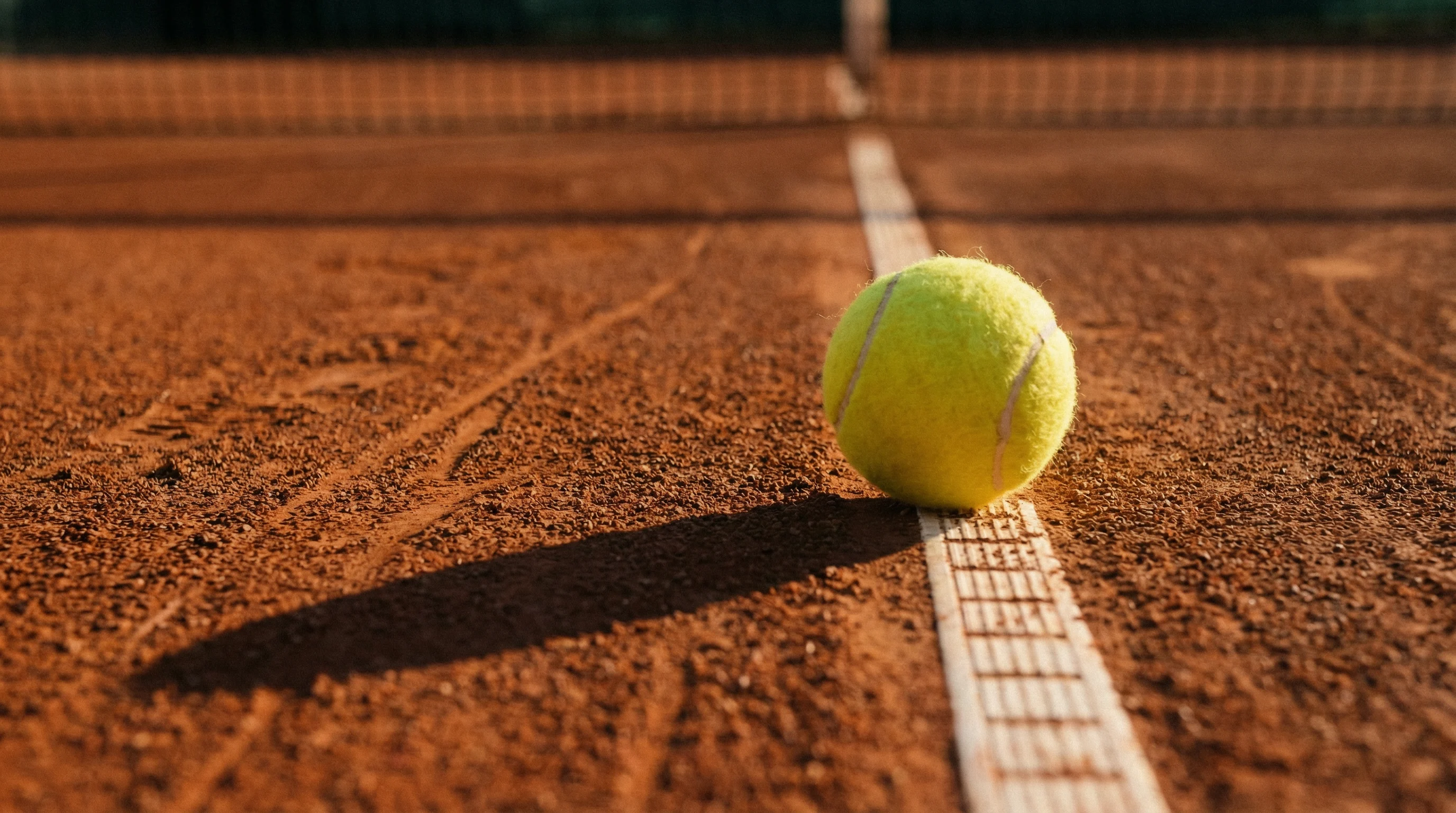 Tennisball rollt neben der Seitenlinie ins Aus auf einem Sandplatz bei Tageslicht