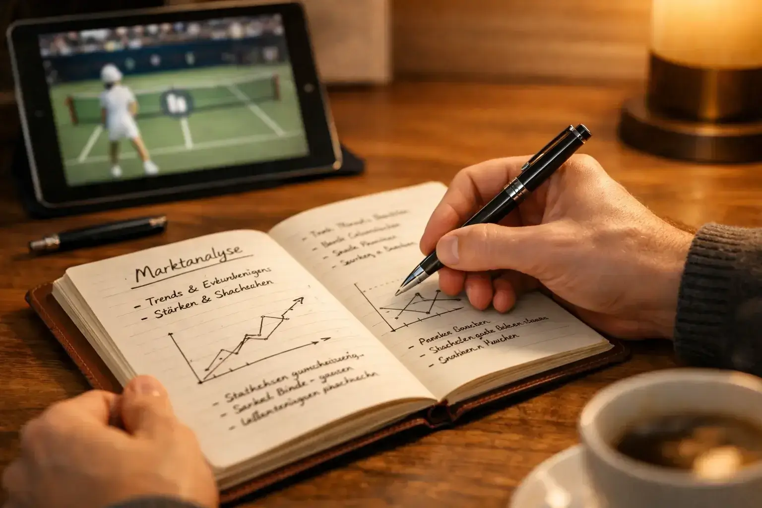 Person analysiert Tennisspiel-Statistiken in einem Notizbuch mit Stift