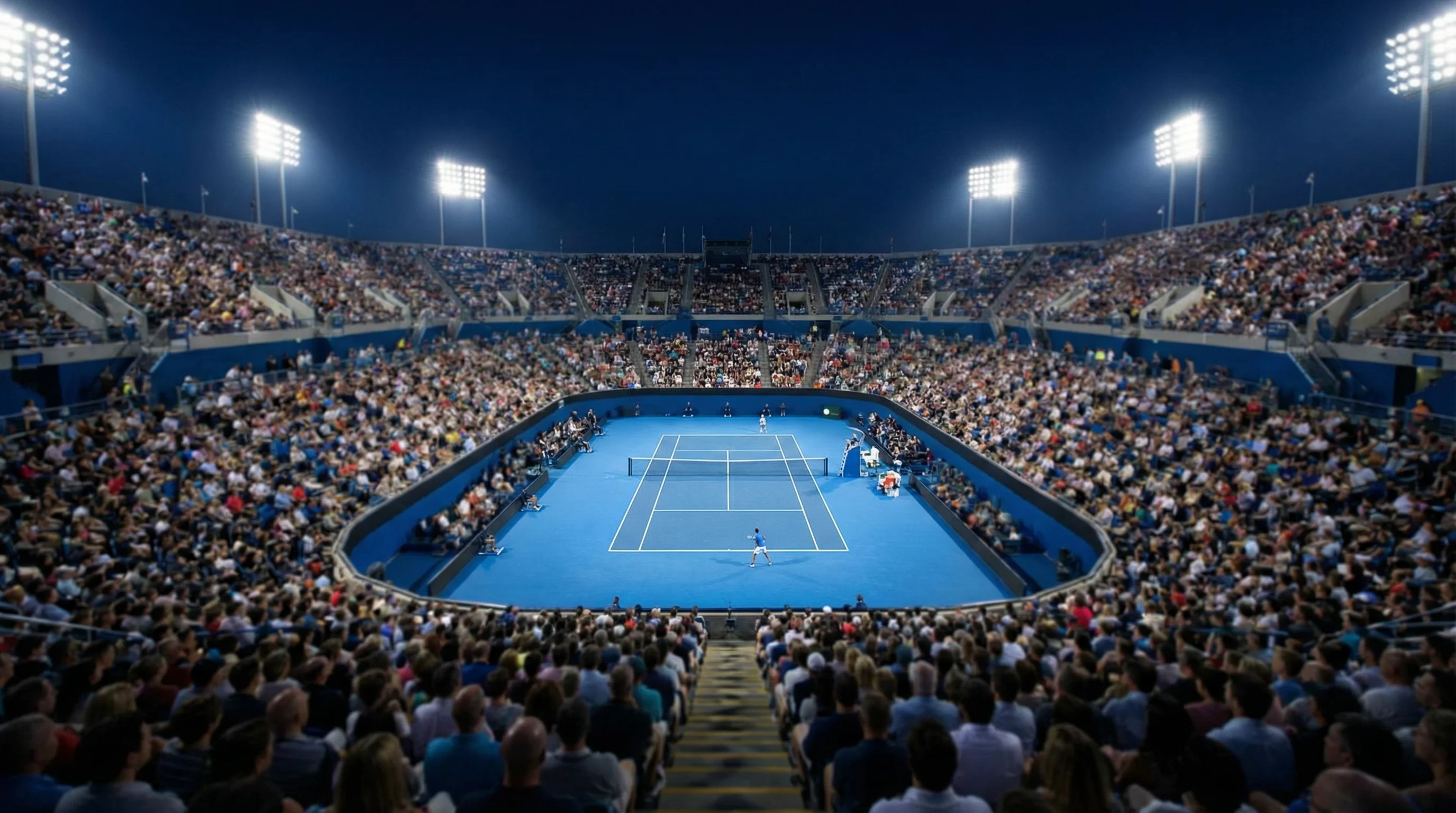 Beleuchtetes Tennisstadion bei einem Nachtmatch der US Open mit vollen Tribünen