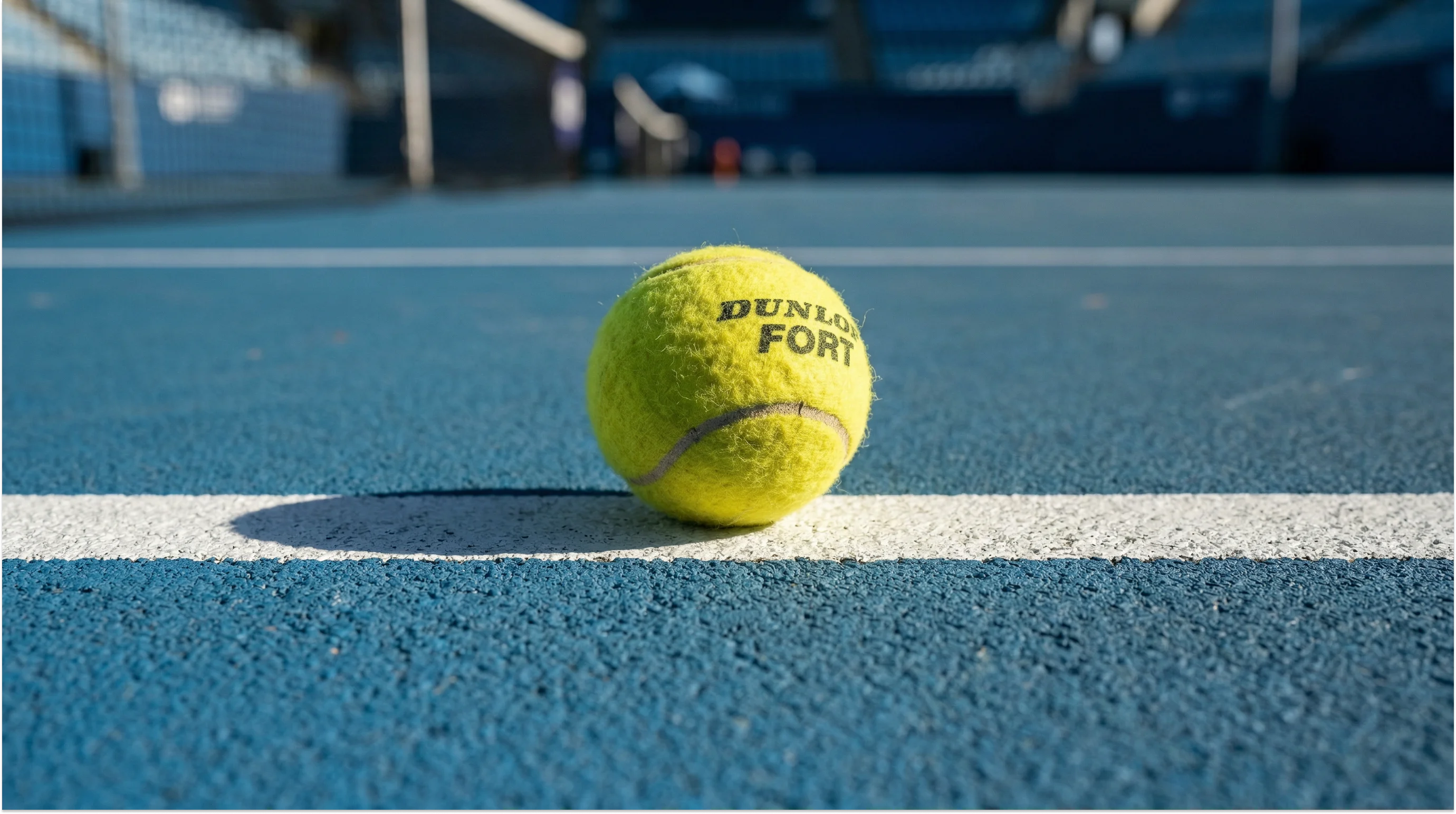 Nahaufnahme eines Tennisballs auf der Linie eines Hartplatzes im scharfen Seitenlicht