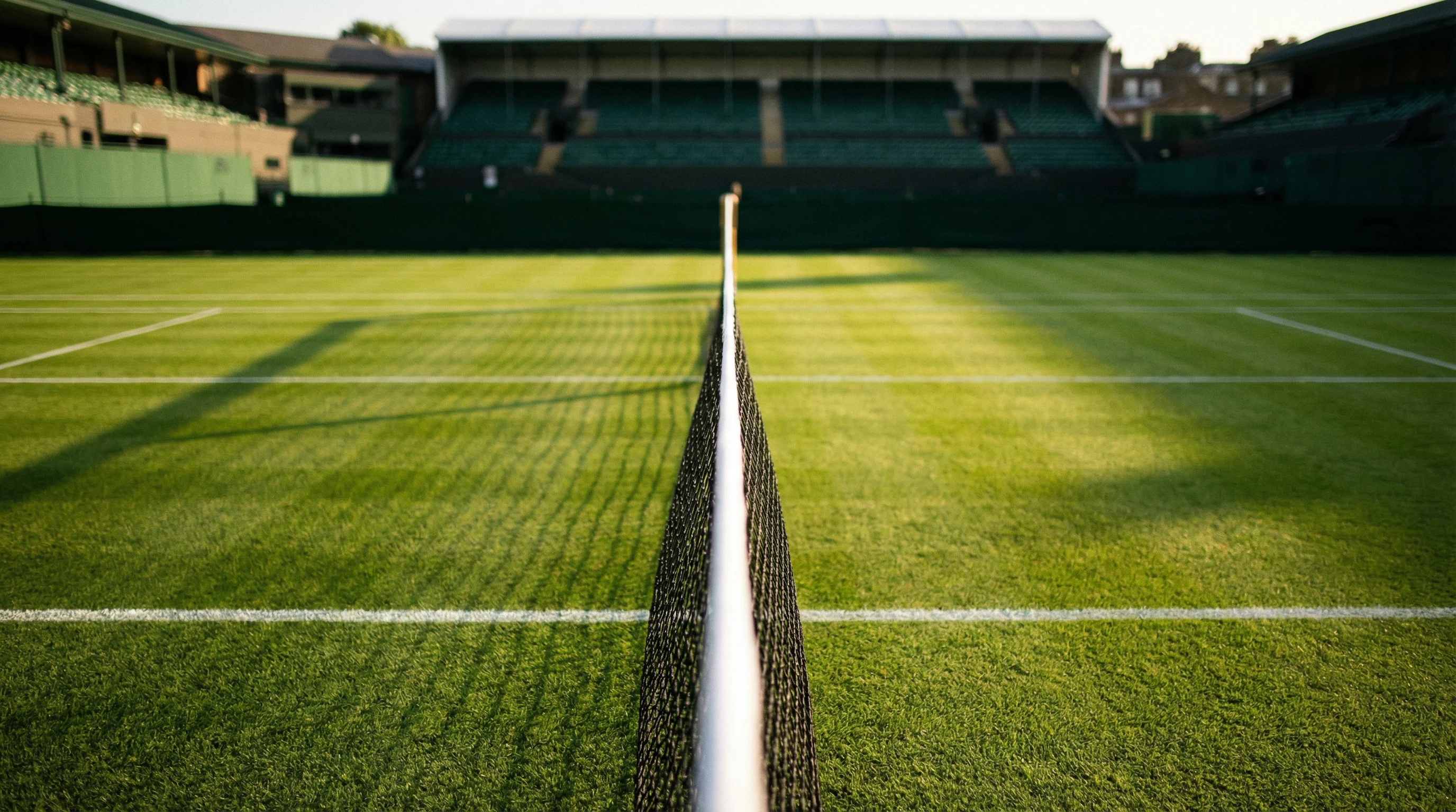 Gepflegter Rasenplatz in Wimbledon mit weißen Linien und dem Netz im goldenen Licht